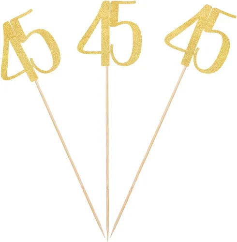 Palitos dorados para centro de mesa de cumpleaños número 45, paquete de 12 decoraciones de fiesta de aniversario con purpurina dorada