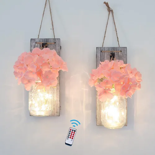 Miniatura 12 de Conjunto de Decoración de Pared Rústica de Dos Piezas - Apliques de Frasco Mason con Luces de Hadas LED y Flor de Rosa, Decoración del Hogar Arte