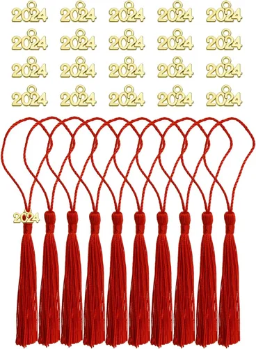 Miniatura 8 de Tupalizy 10 mini borlas sedosas hechas a mano con 20 dijes del año 2024 para graduación, llavero, aretes, joyería, regalos de boda, recuerdos, Negro