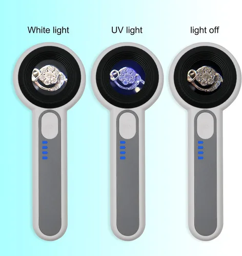 Miniatura 5 de Lupa de mano 60X con luces UV y LED, lupa con lente óptica de 1.181 in, control de luz táctil, indicador LED de batería, lupa recargable