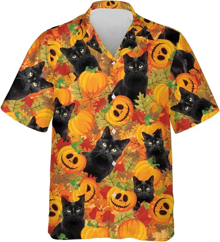 Camisa hawaiana de gato negro para hombre, camisa de noche de Halloween, camisa de manga corta con botones (MP_HW_66)