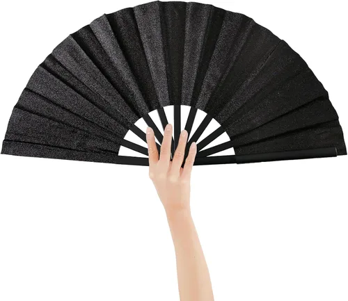 Miniatura 2 de QCWN Ventilador de mano plegable grande con purpurina negra, ventilador de estallido para fanáticos de baile de línea para botas en el suelo, baile