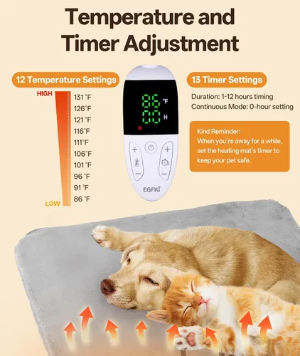 Miniatura 5 de Almohadilla térmica para mascotas para gatos y perros pequeños con 12 temperaturas ajustables, impermeable y resistente a las mordidas, almohadilla