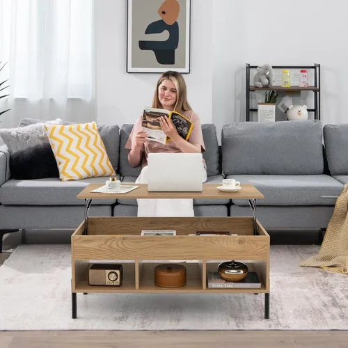 Miniatura 3 de Giantex Mesa auxiliar elevable, mesa rectangular de madera con compartimento oculto y estantes de almacenamiento abiertos, mesa central moderna