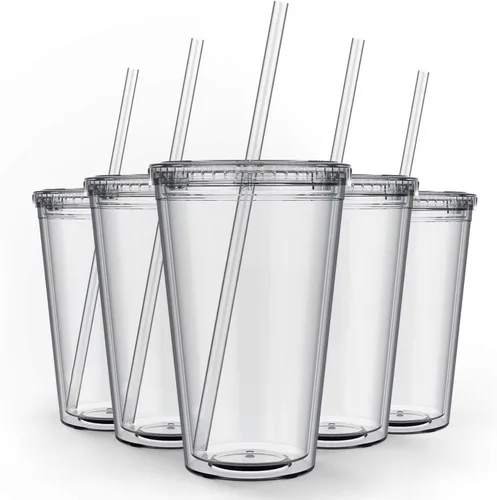 Miniatura 9 de Maars - Vaso transparente clásico con tapa y pajilla, acrílico prémium de 16 onzas, vasos reutilizables de plástico de doble pared con aislamiento