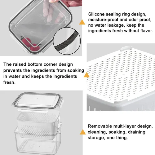 Miniatura 5 de Juego de 3 recipientes de almacenamiento de alimentos para refrigerador con tapas con colador, recipientes de almacenamiento de frutas y verduras