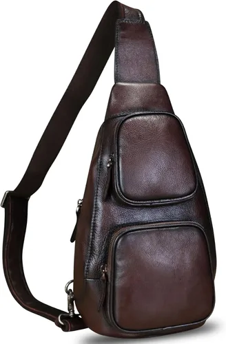 FEIGITOR Bolso bandolera de cuero genuino, mochila cruzada retro hecha a mano, bolsa de pecho para senderismo, ciclismo, riñonera