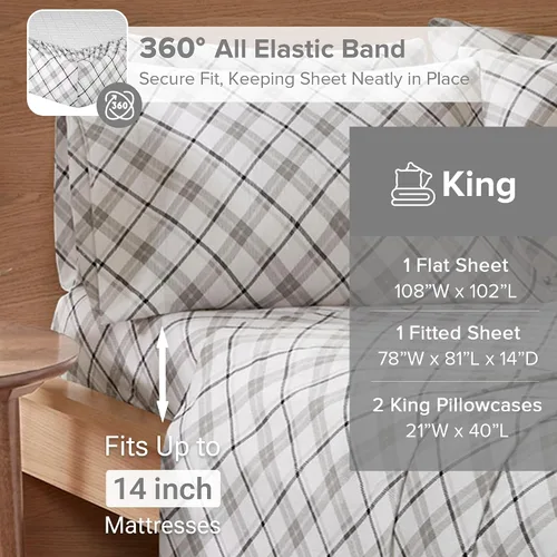 Miniatura 5 de Comfort Spaces - Juego de cama de franela de algodón cálido y transpirable con sábanas de bolsillo profundo y fundas de almohada, tamaño King, gris