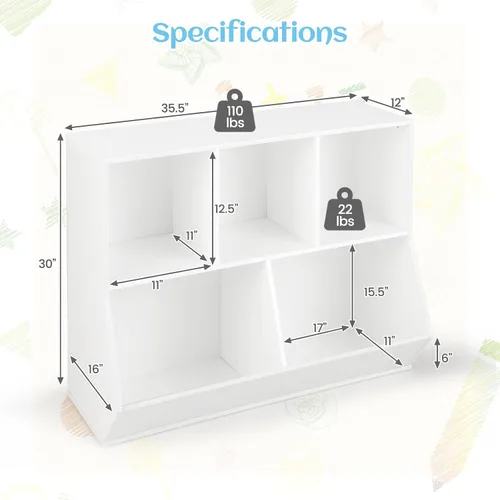 Miniatura 2 de KOTEK Organizador de almacenamiento de juguetes de 5 cubos, gabinete de almacenamiento de juguetes de madera, estante abierto para juguetes, Natural