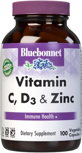 Bluebonnet Nutrición Vitamina C, D3 y zinc, para la salud inmunológica y la función respiratoria*, sin soja, sin gluten, sin OMG, certificado
