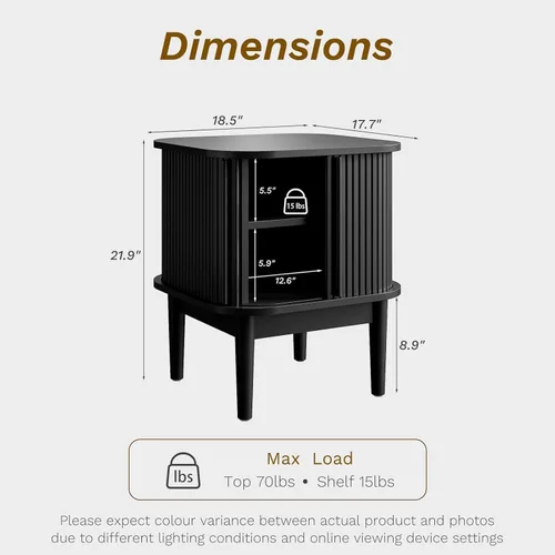 Miniatura 2 de Juego de 2 mesitas de noche estriadas con puertas correderas, moderna mesita de noche con patas de madera maciza, mesita de noche de madera