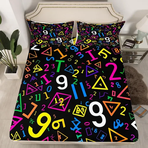 Miniatura 15 de Juego de ropa de cama ajustable con fórmula informática para niños y niños, diseño de geometría de acuarela, números, fórmula matemática, juego