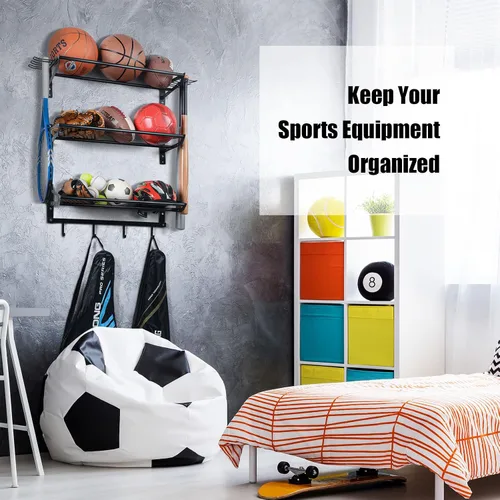 Miniatura 3 de XCSOURCE Organizador de equipos deportivos, estante de almacenamiento de bolas de 3 niveles con soportes para bates y raquetas, estante