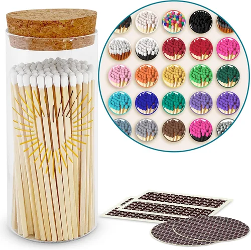 Fósforos coloridos en frasco de vidrio con corazón dorado de papel aluminio | Fósforos de 10,2 cm de largo (100 cerillas del color que elijas)