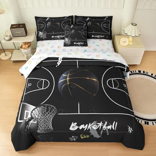 Miniatura 24 de Bodhi Ropa de cama para niños: juego de edredón deportivo de baloncesto para niños, tamaño matrimonial con fundas de almohada 4003