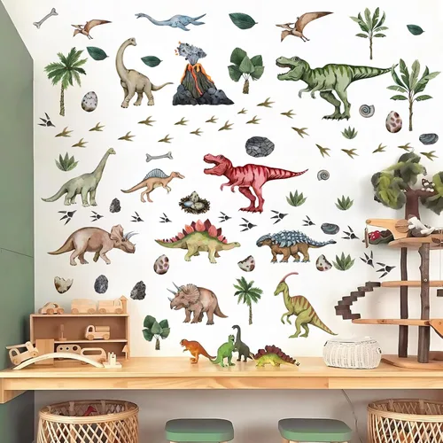 Miniatura 5 de Calcomanías de pared grandes de dinosaurio para despegar y pegar, calcomanías de pared de huellas de dinosaurio, hojas tropicales, palmeras