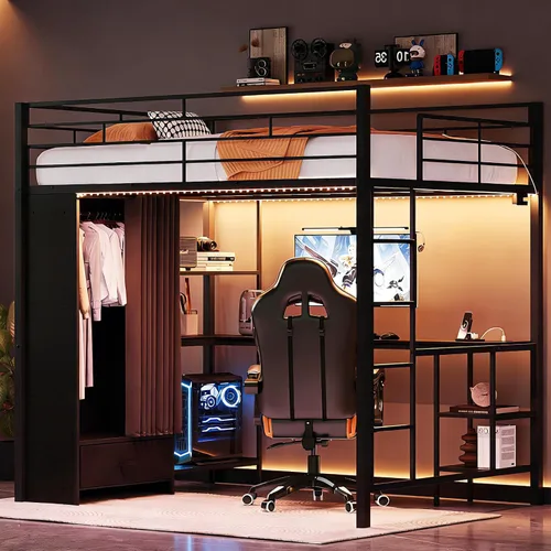 Miniatura 15 de VINGLI Base de cama individual de metal con barandilla de seguridad de 15 pulgadas, escalera antideslizante, 2 estaciones de carga, escritorio
