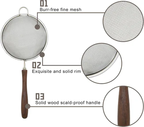 Miniatura 2 de Juego de 3 coladores de malla para cocina, colador de acero inoxidable 304 con mango de madera, tamices para alimentos, té, arroz, aceite, fideos