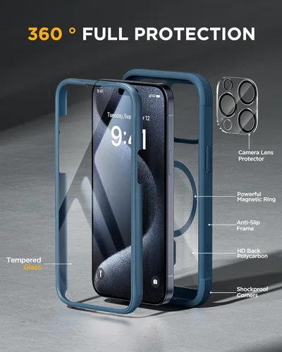 Miniatura 2 de Miracase - Funda magnética para iPhone 15 Pro [Compatible con MagSafe] Funda de cuerpo completo con protector de pantalla de vidrio incorporado