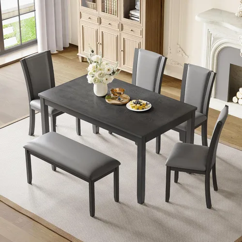 Miniatura 17 de LUMISOL - Juego de mesa de comedor de madera maciza con 4 sillas tapizadas y banco para cocina, comedor, sala de estar, gris plateado