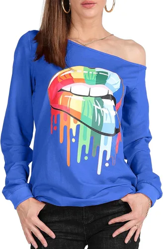Miniatura 2 de MAGICMK Sudaderas de manga larga con hombros descubiertos para mujer con estampado de labios y hombros descubiertos