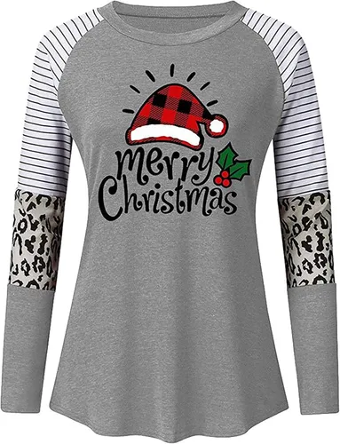 Miniatura 4 de UODSVP Womens Costumes Fashion Christmas Print Splicing Long Sleeve Round Neck Loose Tops