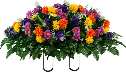 Miniatura 9 de Sympathy Silks Flores artificiales para cementerios – Decoraciones para tumbas - 1 ramo de flores silvestres de violeta púrpura y naranja, 1 montura