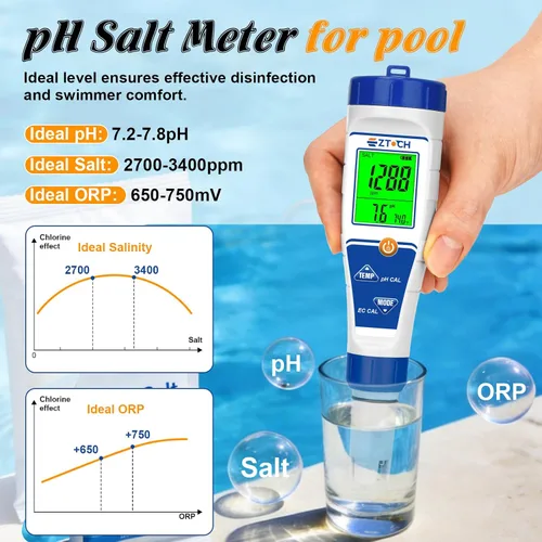 Miniatura 3 de Probador digital de sal de cloro para piscina, medidor de salinidad de pH para agua de piscina, probador de pH de cloro salino, probador de pH 7