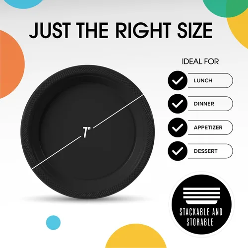 Miniatura 2 de Exquisitos platos de plástico negro Party Solids para fiesta, platos desechables negros de 7 pulgadas, juego de vajilla de plástico resistente, 100