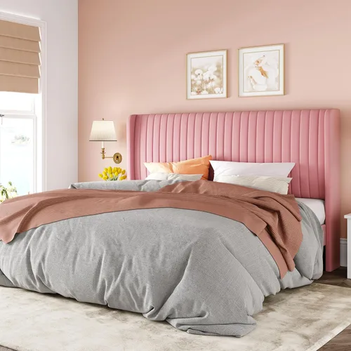 Miniatura 14 de Allewie - Base de cama tamaño King con cabecera acolchada en terciopelo y diseño acanalado vertical; plataforma de cama tapizada; listones de madera