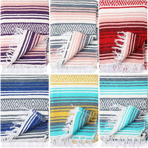 Miniatura 8 de 6 mantas mexicanas a granel de yoga auténtico, manta mexicana de sarape mexicano, manta grande de falsa a rayas coloridas con flecos para acampar al