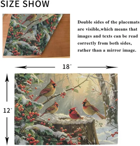 Miniatura 5 de Wamika Juego de 4 manteles individuales de invierno con diseño de pájaros cardenales y bayas de acebo, manteles individuales de arpillera