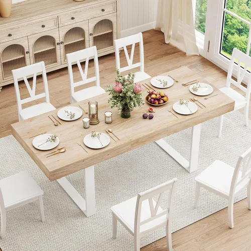 Miniatura 10 de Zevemomo Mesa de Comedor Expandible de 63"-78.7", Mesa de Cocina Estilo Granja para 6-10 Personas, Mesa de Comedor Rectangular Extensible, con Riel