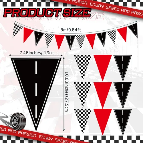 Miniatura 2 de Jetec Paquete de 5 banderines con temática de carreras de 49 pies, banderines de bandera a cuadros rojos, negros y blancos, decoraciones de fiesta