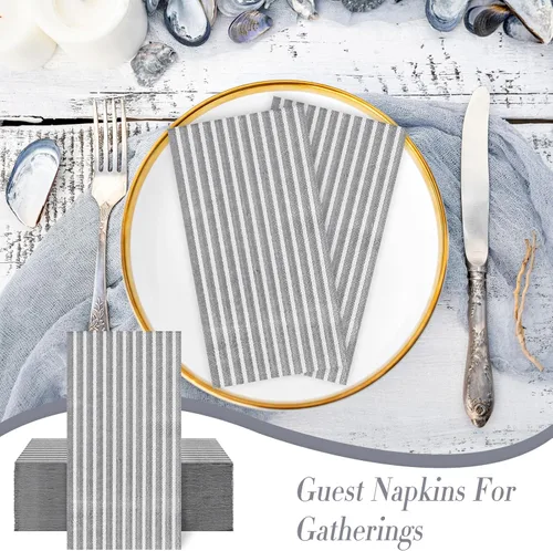 Miniatura 3 de Whaline Paquete de 100 servilletas desechables a rayas grises y blancas para invitados, paquete de papel a rayas, toalla de mano para boda, baby