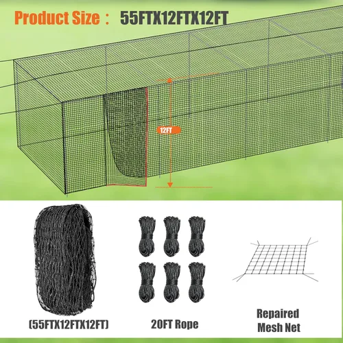 Miniatura 4 de RIIFRILY Redes para Jaulas de Bateo de Béisbol, 20'L/35'L/55'L/70'L Redes para Jaulas de Béisbol y Softbol, Malla de HDPE Cerrada #42/#45
