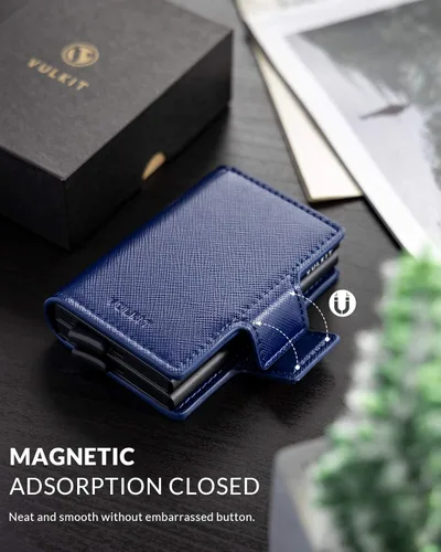 Miniatura 5 de VULKIT Tarjetero de crédito con bloqueo RFID de cuero automático billetera desplegable delgada con clip para dinero funda doble para tarjetas