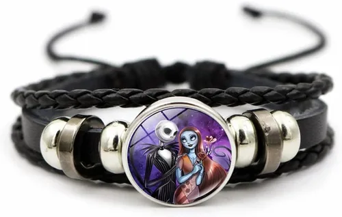 Jack and Sally Pesadilla Antes de Navidad - Pulsera de cuero ajustable tejida a mano con cuentas trenzadas inspiradas a juego para parejas, promesa,