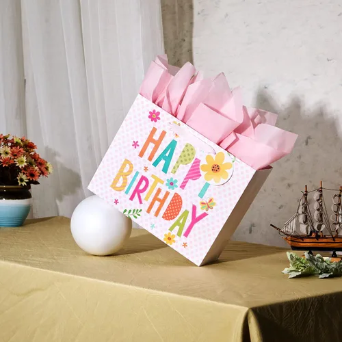 Miniatura 4 de Bobobag - Bolsa de regalo rosa de 13 pulgadas con papel de seda para cumpleaños, grandes bolsas de regalo para niñas Feliz cumpleaños (rosa)
