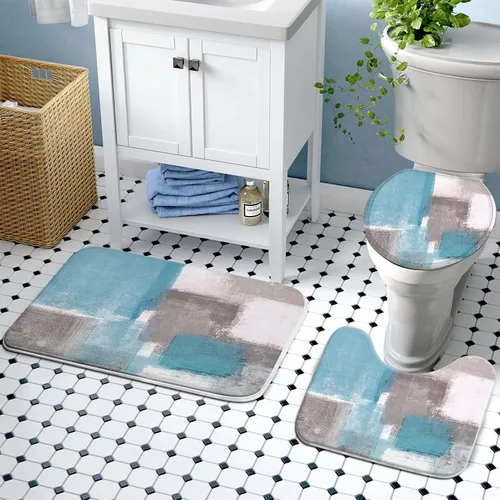Miniatura 6 de Lnond Juego de 4 cortinas de ducha para baño con alfombras, azul cielo y gris blanco pintura abstracta juegos de baño con cortina de ducha
