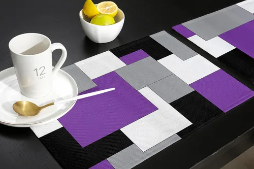 Miniatura 5 de Juego de 4 manteles individuales negros y amarillos, antideslizantes, lavables, manteles individuales de mesa de retazos de arte abstracto para mesa