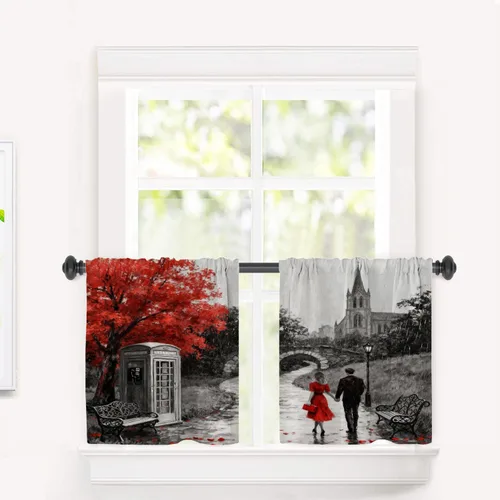 Miniatura 103 de Cortinas opacas de cocina con pintura al óleo de Europa rosa y negra para ventanas, cenefas opacas modernas de torre Eiffel de poliéster multicapa