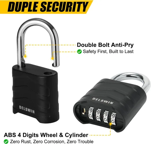 Miniatura 4 de DELSWIN Paquete de 3 candados de combinación grande, 4 dígitos reiniciables con grillete de acero endurecido, cuerpo de aluminio de seguridad