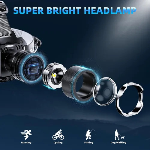 Miniatura 2 de Linterna frontal súper brillante recargable: luz LED para cabeza, 99000LM Zoom Head Lamp y luz trasera roja, linterna impermeable con 6 clips