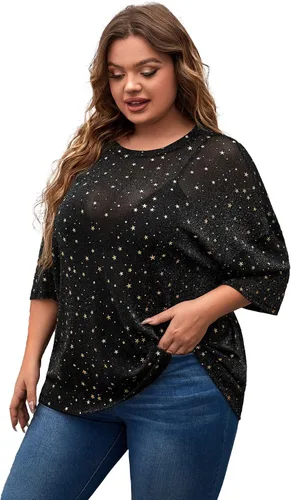 Miniatura 3 de MakeMeChic Camiseta de manga corta de malla transparente con purpurina para mujer, talla grande