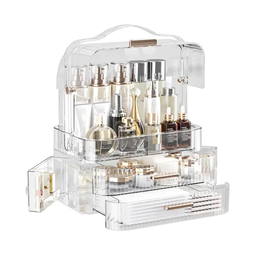 Miniatura 10 de LINFIDITE Caja de almacenamiento de cosméticos con tapa transparente, organizador de maquillaje grande, caja con cajones, mango portátil