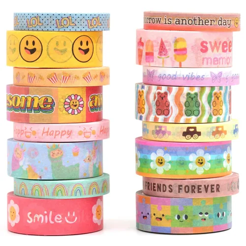 Juego de 16 rollos de cinta washi de dibujos animados lindos de colores brillantes Kawaii de cintas decorativas gráficas para artes, manualidades,