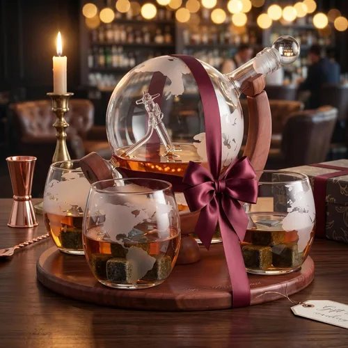 Miniatura 7 de Decantador del mundo grabado con globo de whisky, juego de regalo de whisky The Wine Savant con avión antiguo, piedras de whisky y 4 vasos de mapa