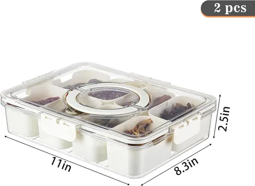 Miniatura 5 de Paquete de 2 Cajas Snackle con Asa para Bandeja de Servir Alimentos Plato de Aperitivos con Tapas Contenedor Apilable de Frutas y Verduras con 8