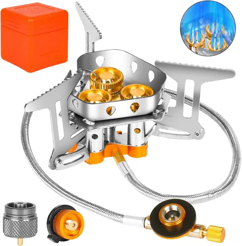 Miniatura 9 de Estufa de gas de campamento resistente al viento de 9900 W, estufa de camping portátil con encendido piezoeléctrico, adaptador de tanque de propano